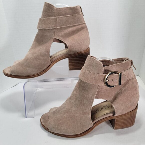 Sole Society Womens 8 So Tracy Leather Peep Toe Ankle Bootie Tan Neutral Casual - Picture 2 of 10